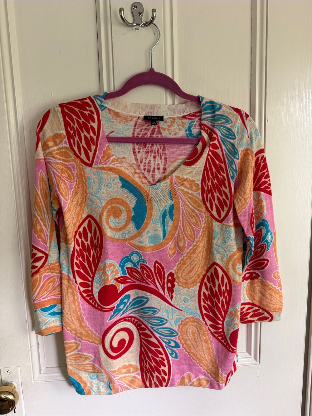 Talbots Paisley V-Neck Long Sleeve Tee in Pink, Red, Orange